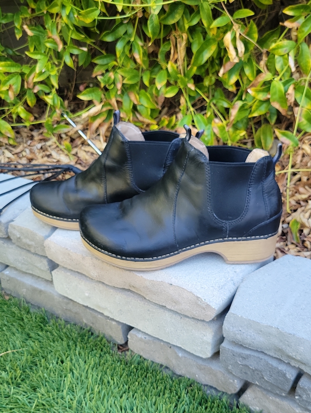 Dansko Becka Black Oiled Leather Oiled Chelsea Booties with Tan Sole
